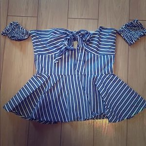 Bebe Striped Off the Shoulder Peplum Top